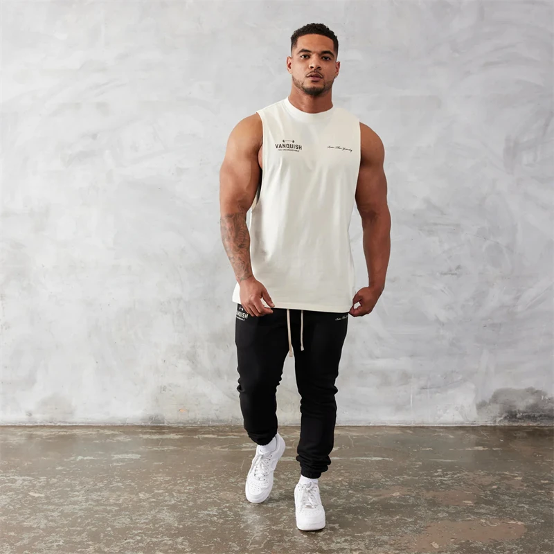 Color: WHITE, Size: XXXL - Gym exercise fitness sports men's vest cotton wide shoulder round neck sleeveless shirt slim casual men's wear