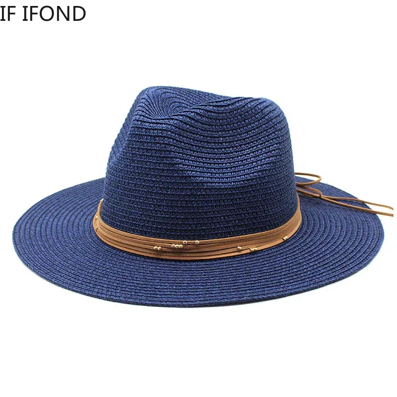 Color: Beige, Size: M - Big Size 60CM New Straw Hat 7cm Brim Summer Cooling Beach Sun Hat Outdoor Party Panama Jazz Hat Sombreros De Mujer