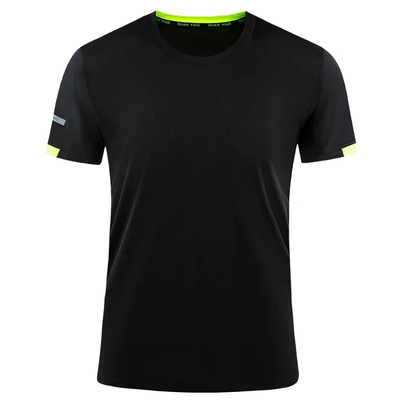 Color: black, Size: L, Ships From: CN - Men's t-shirt quick-drying sports top, custom logo running T-shirt, trainer fitness shirt