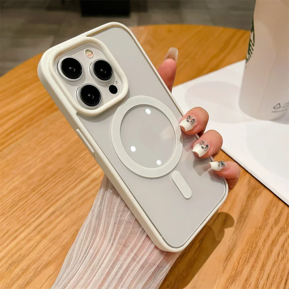 Color: Beige, Material: Silicon - Luxury Shockproof Magsafe Wireless Charge Case for iPhone 17 Air 16 15 14 Plus 13 12 Mini 11 Pro Max Clear Magnetic Bumper Cover