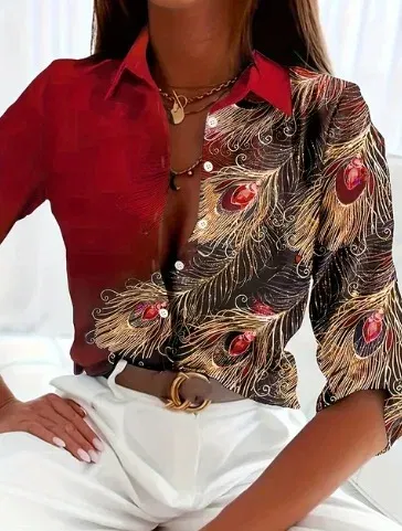 Color: Ivory, Size: S - Fashionable Ladies Trendy Long Sleeved Shirt With Feather Gemstone Print Buttons Lapel Shirt Sleeves Autumn Elegant Ladies Shirt