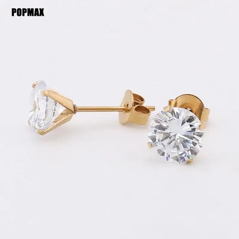 Metal Color: Gold-color, Main Stone Color: Red - POPMAX 1Pairs/2Pcs Stainless Steel Crystal Studs Earrings For Women Men 4 Prong Tragus Round Clear Cubic Zirconia Ear Jewelry