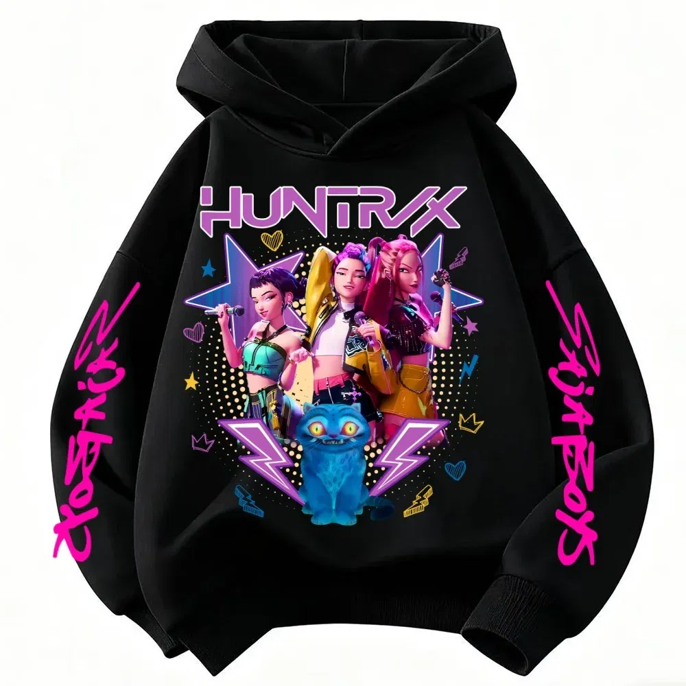 Color: black, Kid Size: 5 - Demone Hunter Girl's Pink Hooded Streetwear Autumn Cute Anime Baby Pullover Kids Y2K Kawaii Long Sleeved T-shirt Casual Clothes