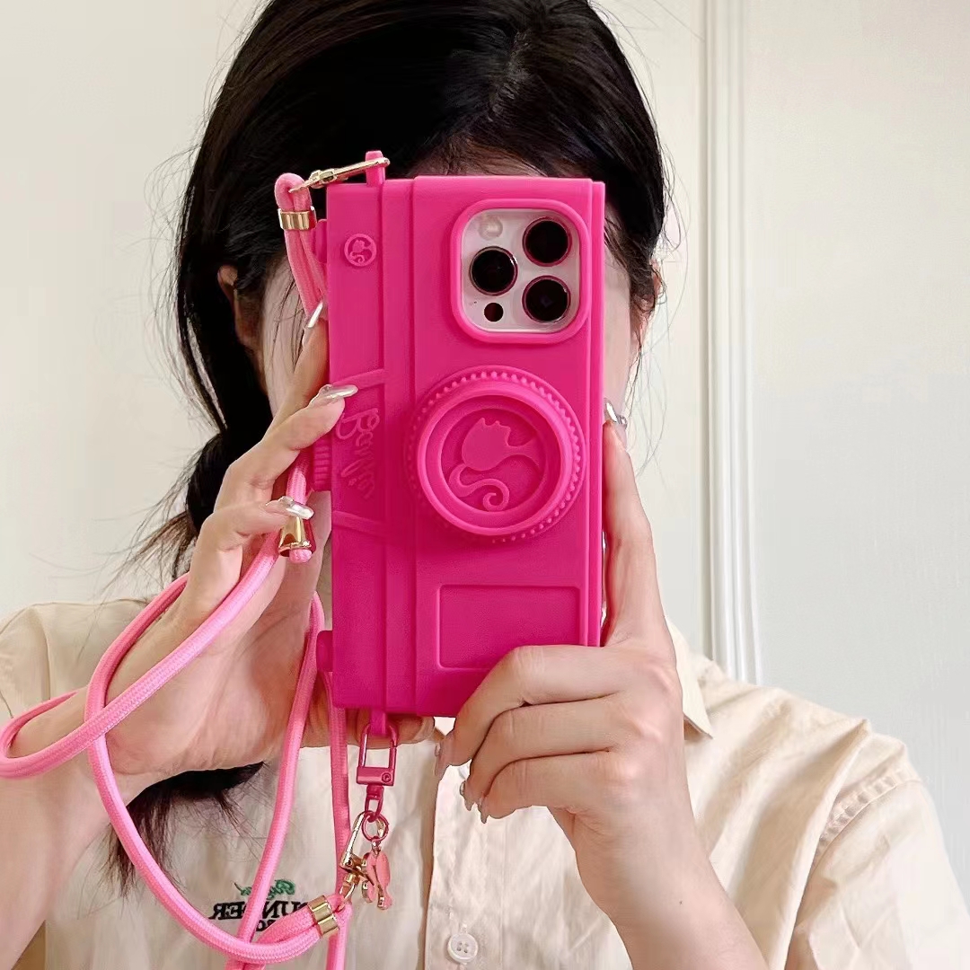 Material: PU, Color: Beige - Pink Camera Case For iPhone 15 14 13 12 11 Pro Max Kawaii Fashion Case Fashion Pendant Cute Girl