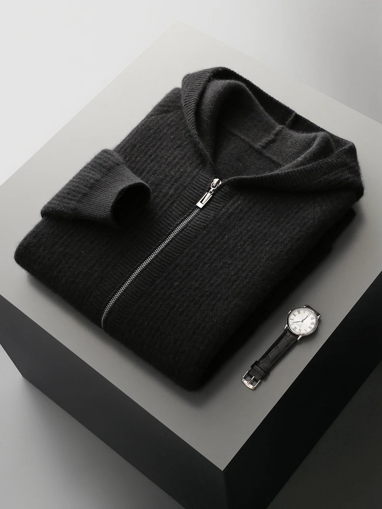 Color: black, Size: XXL - Daily Clothes Autumn Winter Sweater Men's Coat 100% Merino Wool Sweater Cardigan Knitted Jacket Thicked Hooded Outerwears Trend