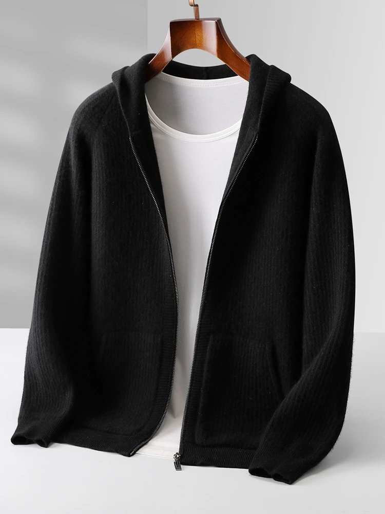 Color: black, Size: XXL - Daily Clothes Autumn Winter Sweater Men's Coat 100% Merino Wool Sweater Cardigan Knitted Jacket Thicked Hooded Outerwears Trend
