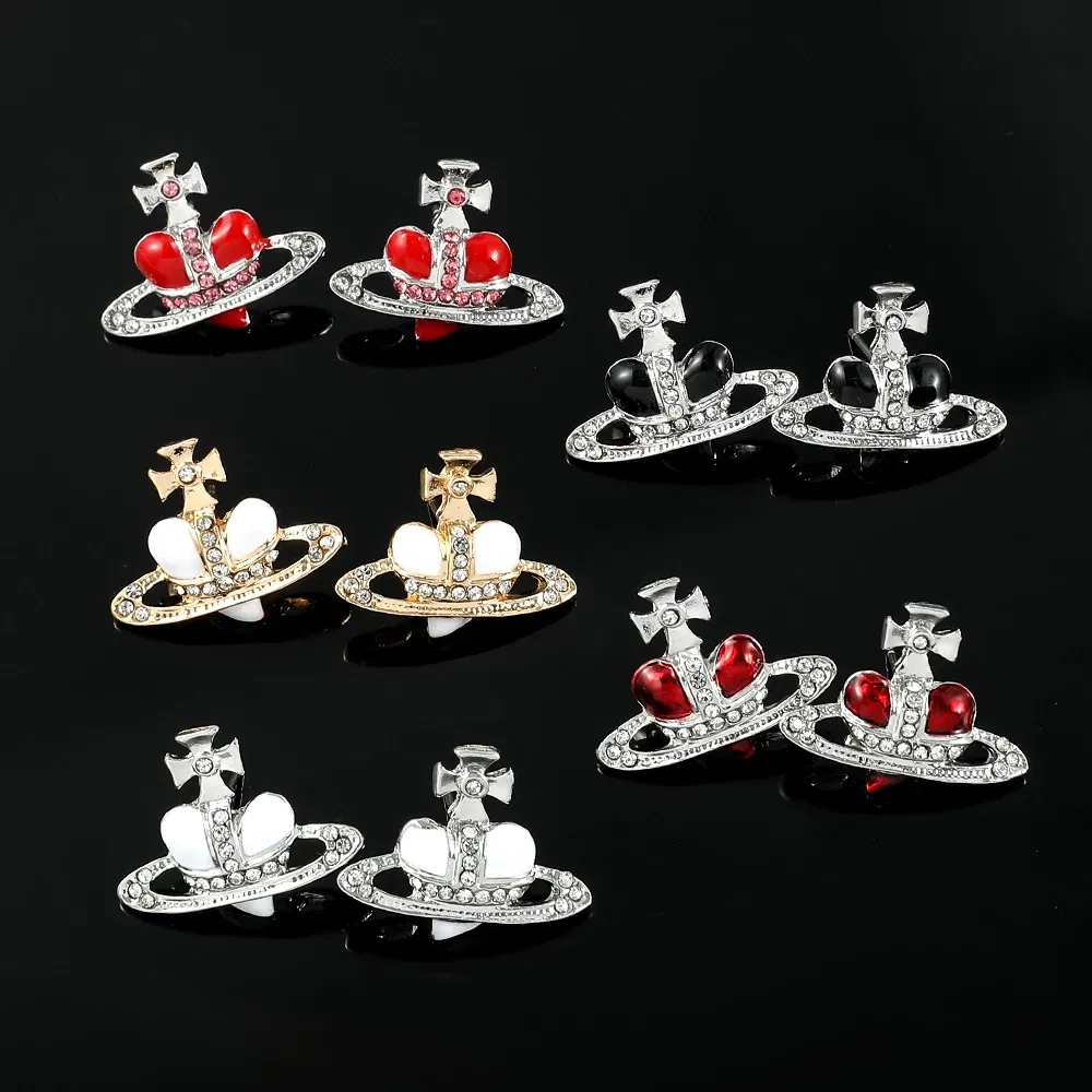 Metal Color: Antique Silver Plated - Saturn Planet Stud Earrings For Women Girl Heart Earrings