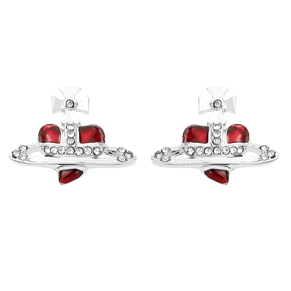 Metal Color: Antique Silver Plated - Saturn Planet Stud Earrings For Women Girl Heart Earrings