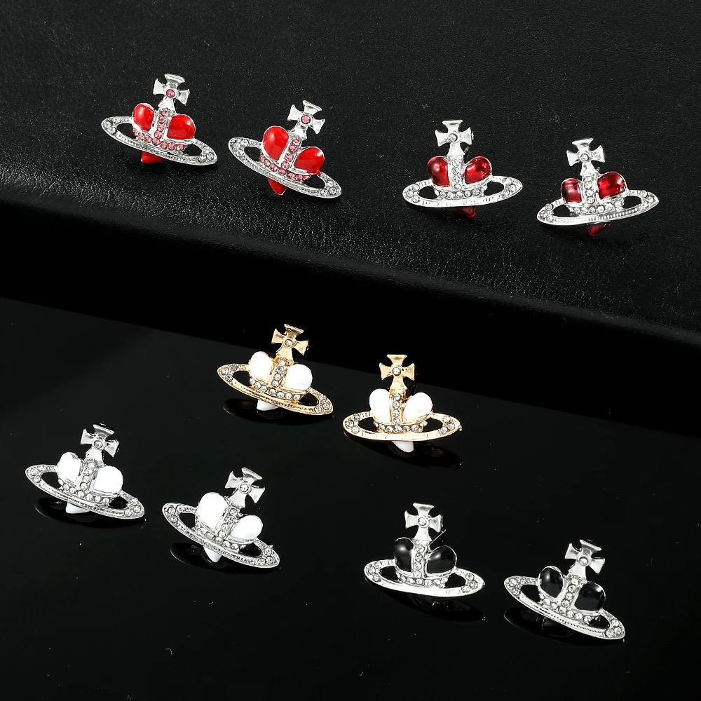 Metal Color: Antique Silver Plated - Saturn Planet Stud Earrings For Women Girl Heart Earrings