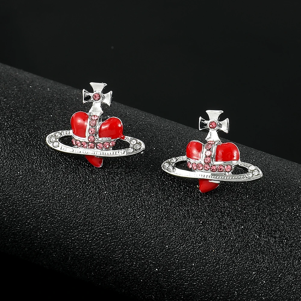 Metal Color: Antique Silver Plated - Saturn Planet Stud Earrings For Women Girl Heart Earrings