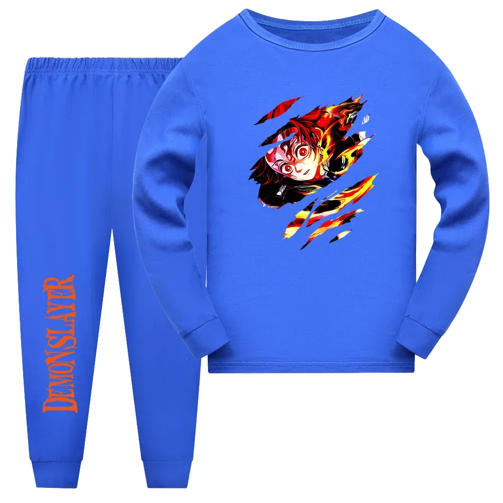 Color: SKY BLUE, Kid Size: 16 - Demon Slayer Sleepwear Kamado Tanjirou Kamado Nezuko Agatsuma Zenitsu Children's Homewear Suit Long-sleeve Two-piece Pajamas Set