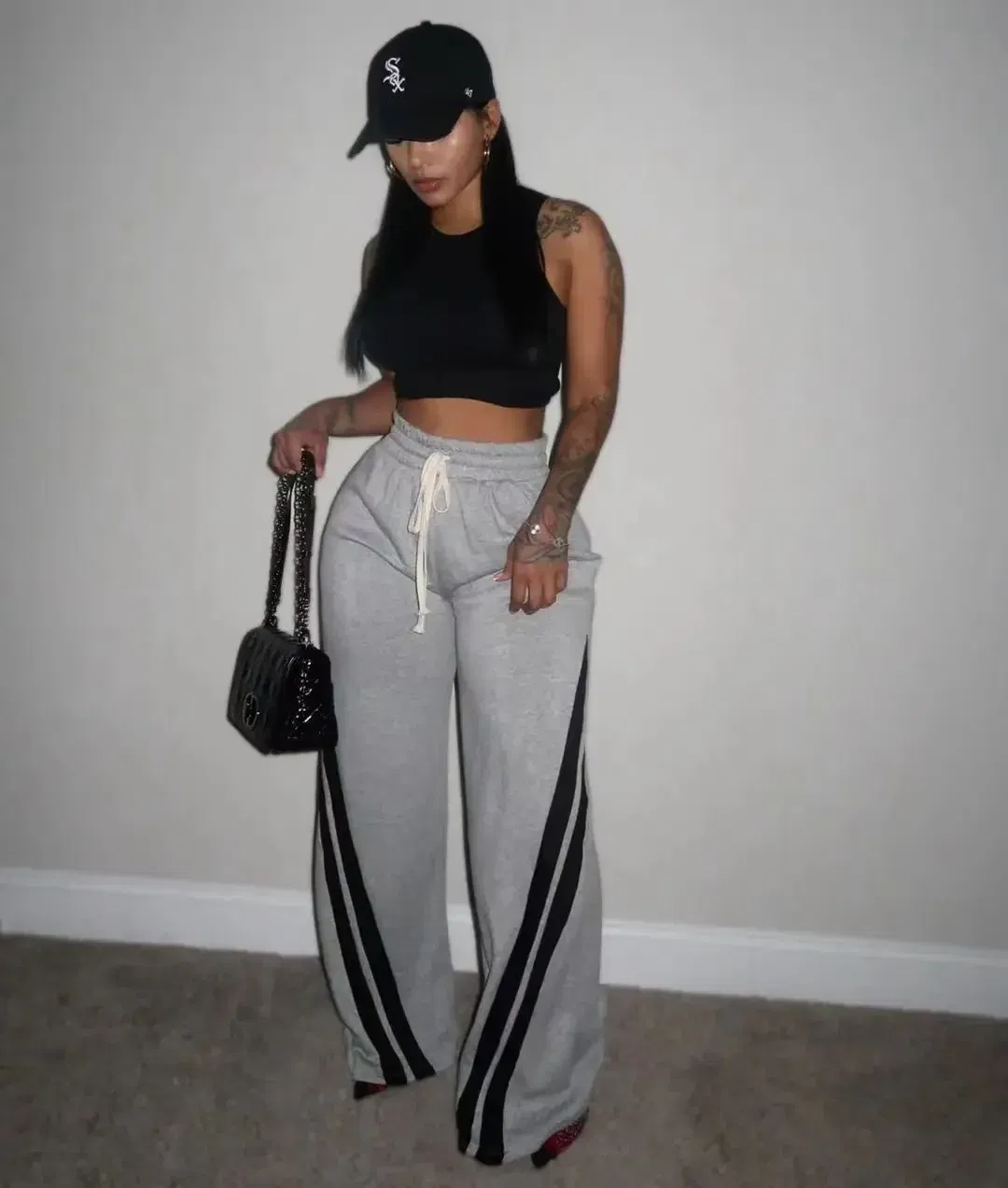 Color: GRAY, Size: M - Women Wide Leg Pant Long Pants High Elastic Waist Elegant Splice Pocket Simple Casual Loose Straight Trousers Lace Up Streetwear