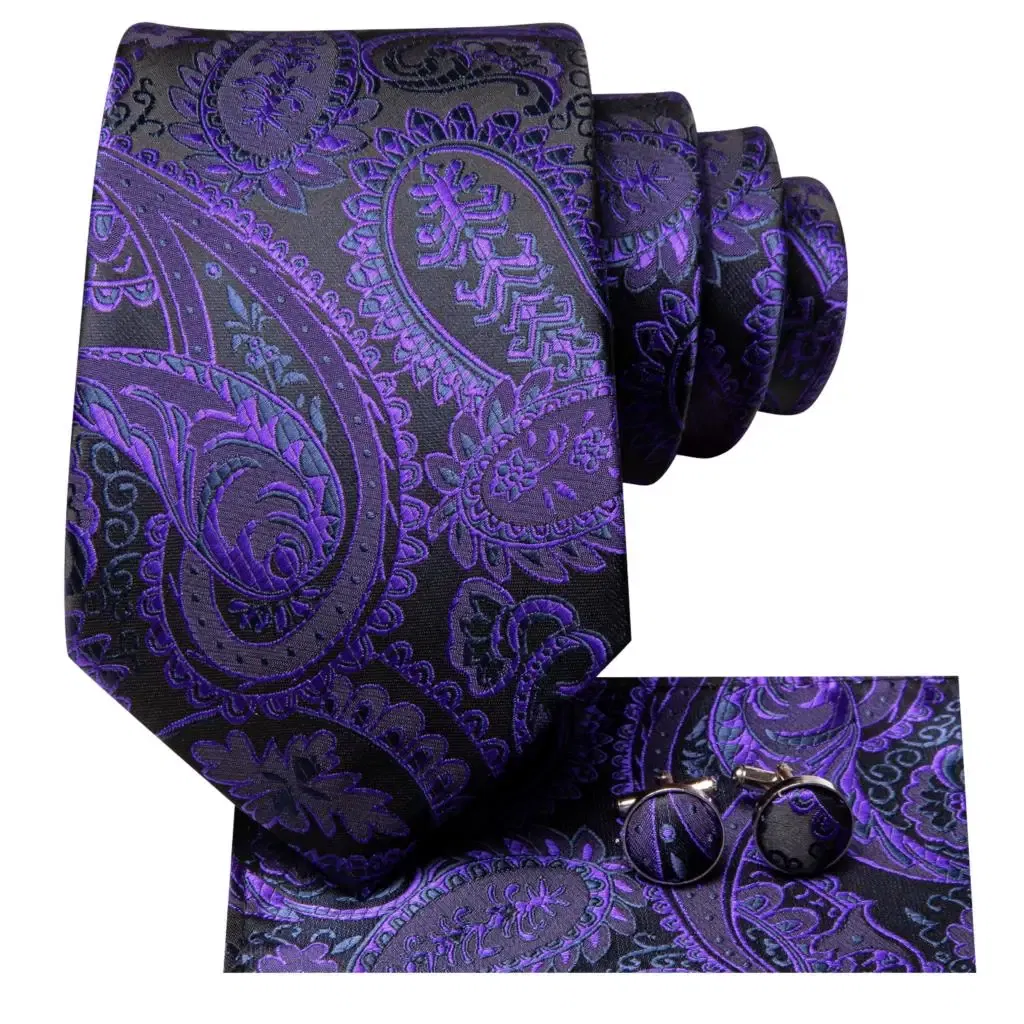 Color: PEACOCK BLUE - Hi-Tie Purple Paisley Silk Elegent Tie for Men Novelty Design Handky cufflink Tie Set Party Business Wedding Dropshipping