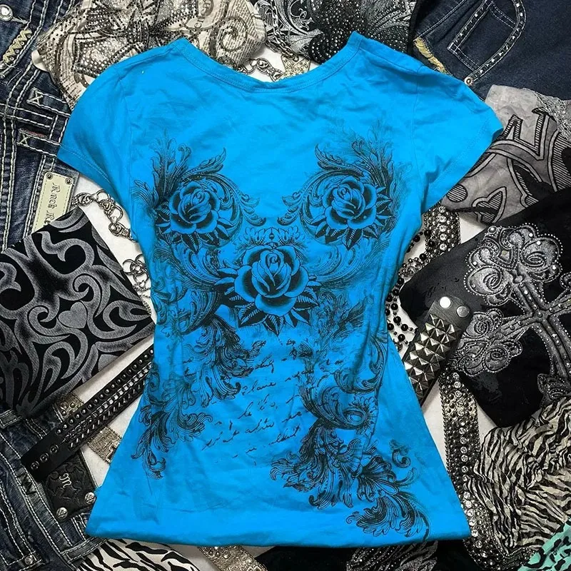 Color: Blue, Size: L - Women's Y2k Grunge T-Shirts 2000s Vinage Rhinestone Print Heart Rose T-Shirt Aesthetics Harajuku Round Neck Tops street fashion