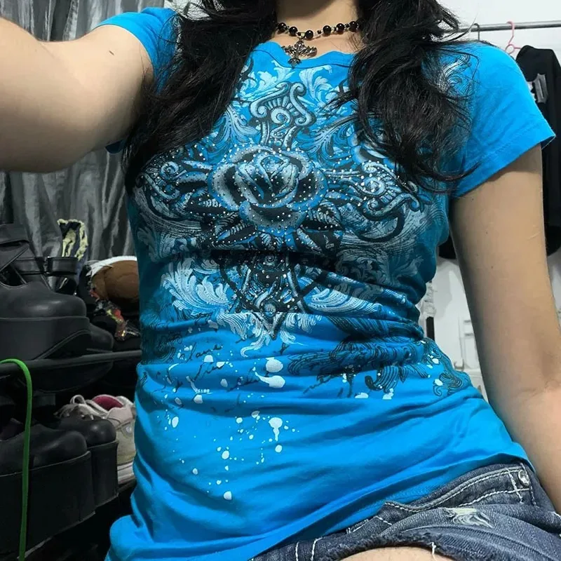Color: Blue, Size: L - Women's Y2k Grunge T-Shirts 2000s Vinage Rhinestone Print Heart Rose T-Shirt Aesthetics Harajuku Round Neck Tops street fashion