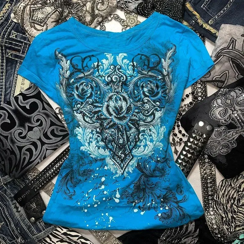 Color: Blue, Size: L - Women's Y2k Grunge T-Shirts 2000s Vinage Rhinestone Print Heart Rose T-Shirt Aesthetics Harajuku Round Neck Tops street fashion