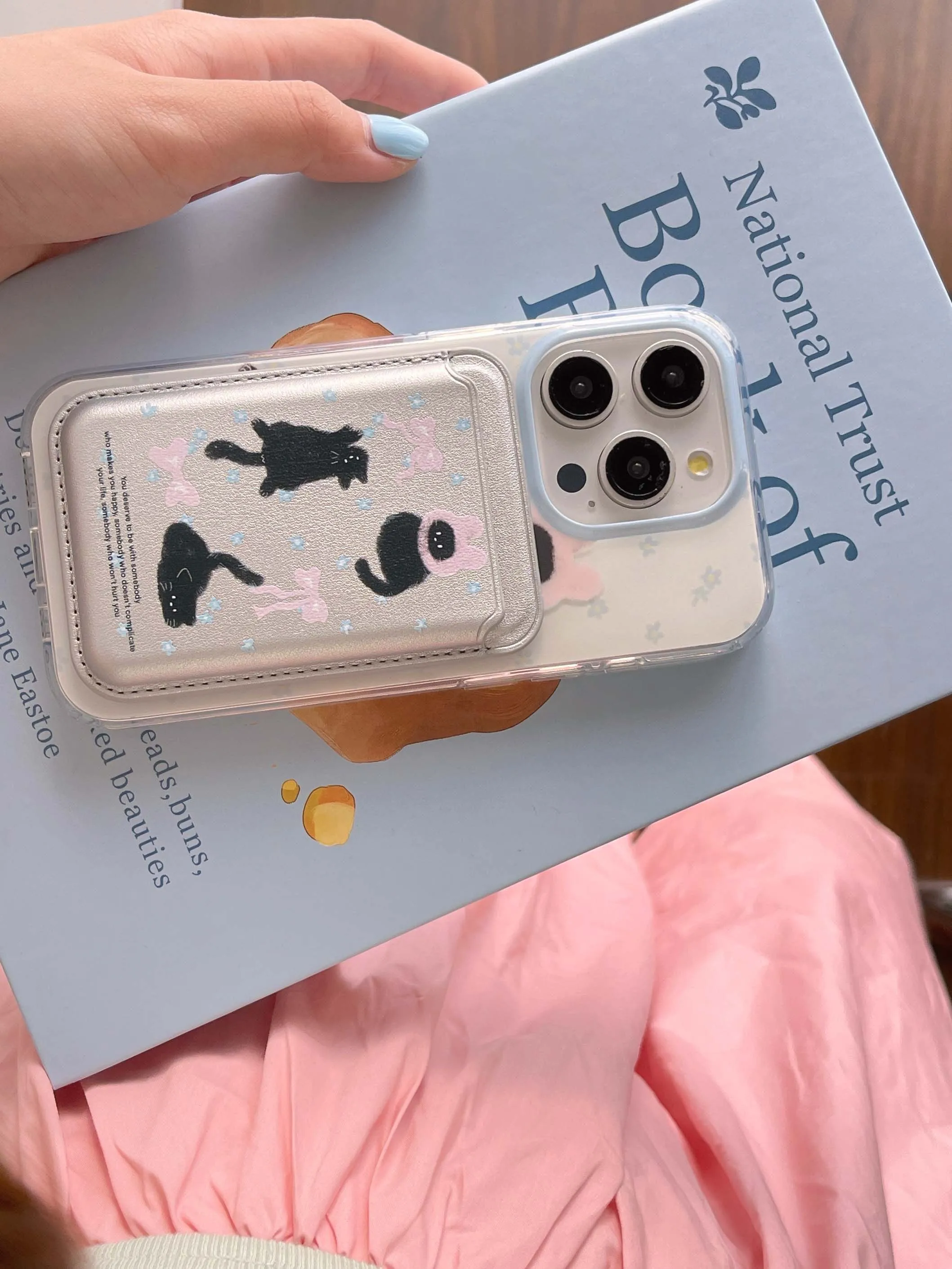 Color: Beige, Material: Vinyl - Cute Black Cat, Pink Bow, Blue Flower Magnetic Card Holder Phone Case for IPhone 13 14 15 Pro Max 13Pro 16ProMax 14Pro 15Pro 12