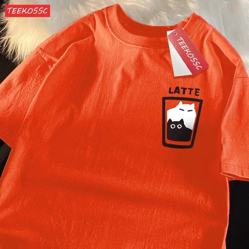 Color: Turquoise, Size: S - Mocha Latte Couple Outfit Cat Coffee Couple Male T-Shirts Graphic Cool Tee Shirt High-Quality Oversized Tshirt Comfort Soft