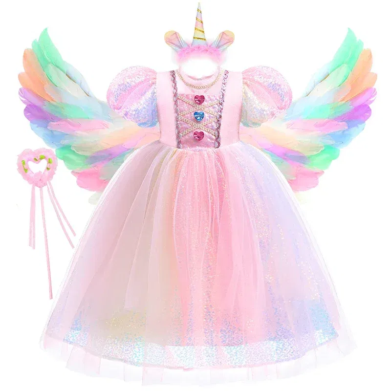 Girls' New Pearl Gradient Sequin Colored Gemstone Mesh with Bubble Sleeves Princess Dress Halloween Mermaid Cosplay Dress