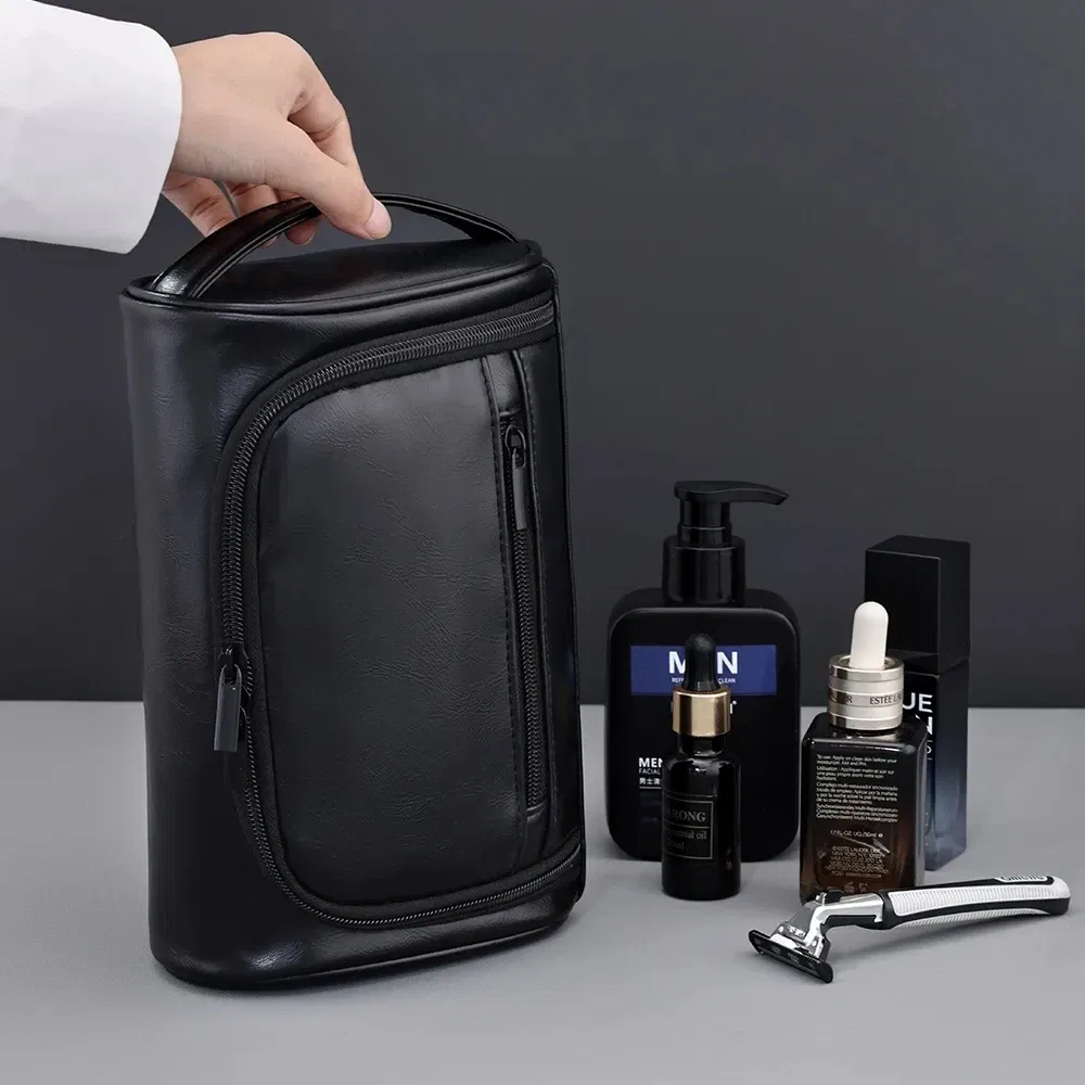 Color: Beige - High Quality Travel Toiletry Bag For Women Men Retro PU Leather Cosmetic Bags Female Waterproof Travel Makeup Bag