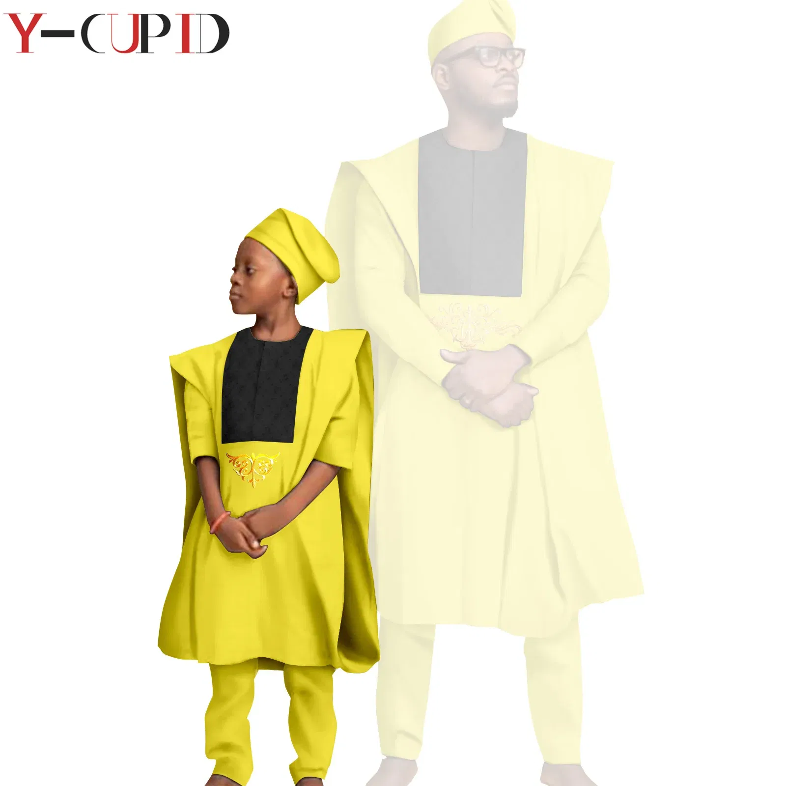 Color: SKY BLUE, Size: Mother 6XL - African Clothes for Men Top Pants Robes Hat Sets Match Kid Boy Sets Dashiki Father and Son Bazin Riche Family Outfits Y20F001