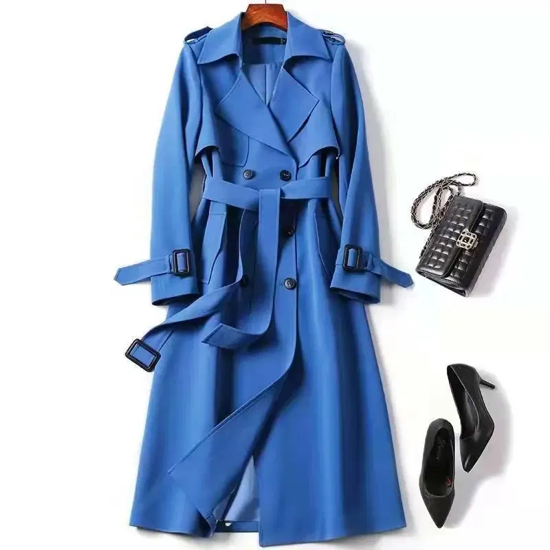 Color: Blue, Size: M - Autumn Winter Long Sleeve Trench Coat For Women 2024 Fashion Loose Office Lady Long Outerwears Jacket Coats Female Clothing