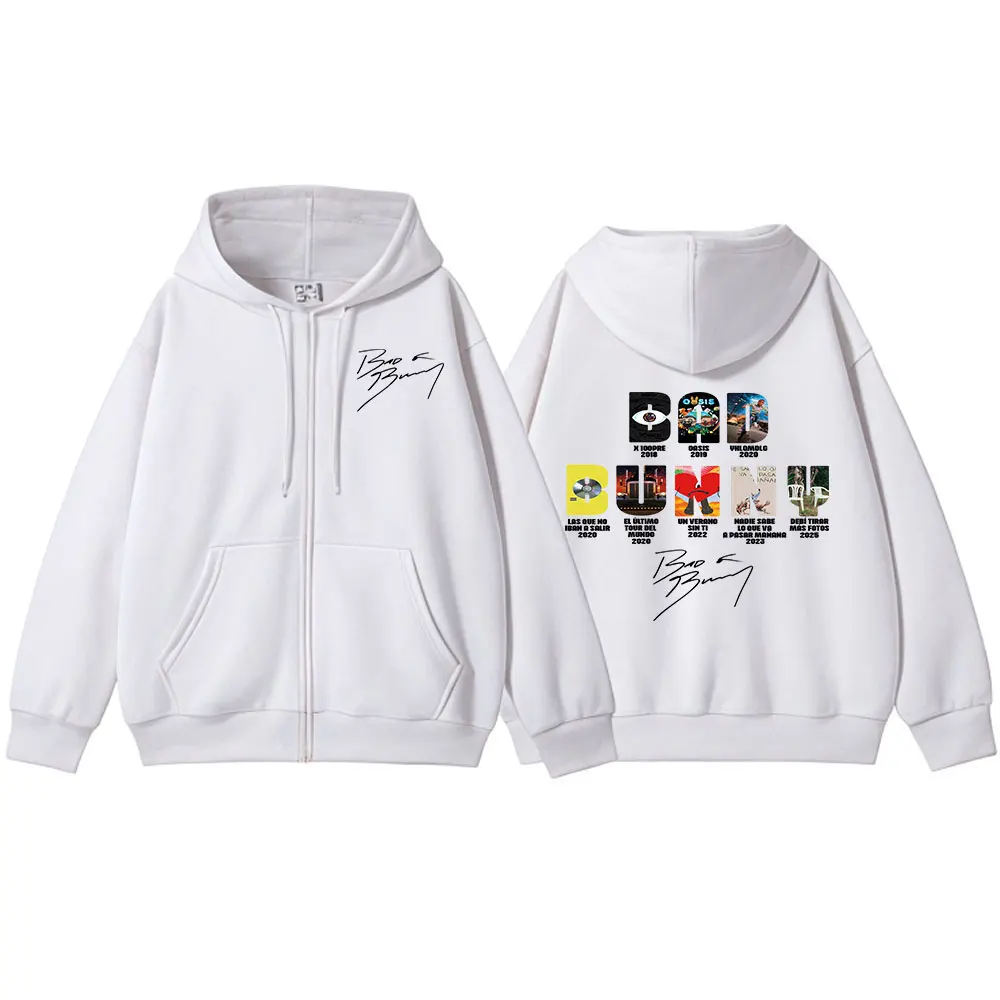 Color: Beige, Size: XXXL - Rapper Bad Bunny Music Album Cover Print Zipper Hoodies Men Women Clothing Hip Hop Zip Up Sweatshirts Long Sleeve Hoodie Jackets