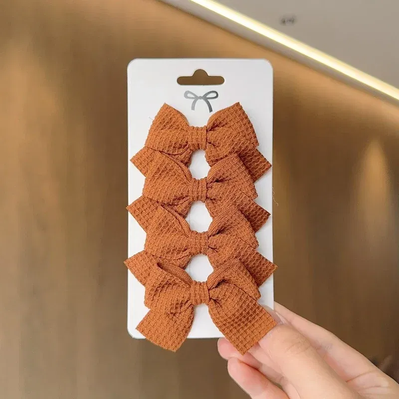 Color: Light  Blue - 4PCS Soft Cotton Bow Hairpin Girl Sweet Plaid Design Hairpin Color Block Delicate Hairgripe Barrettes Kawaii Child Accessories