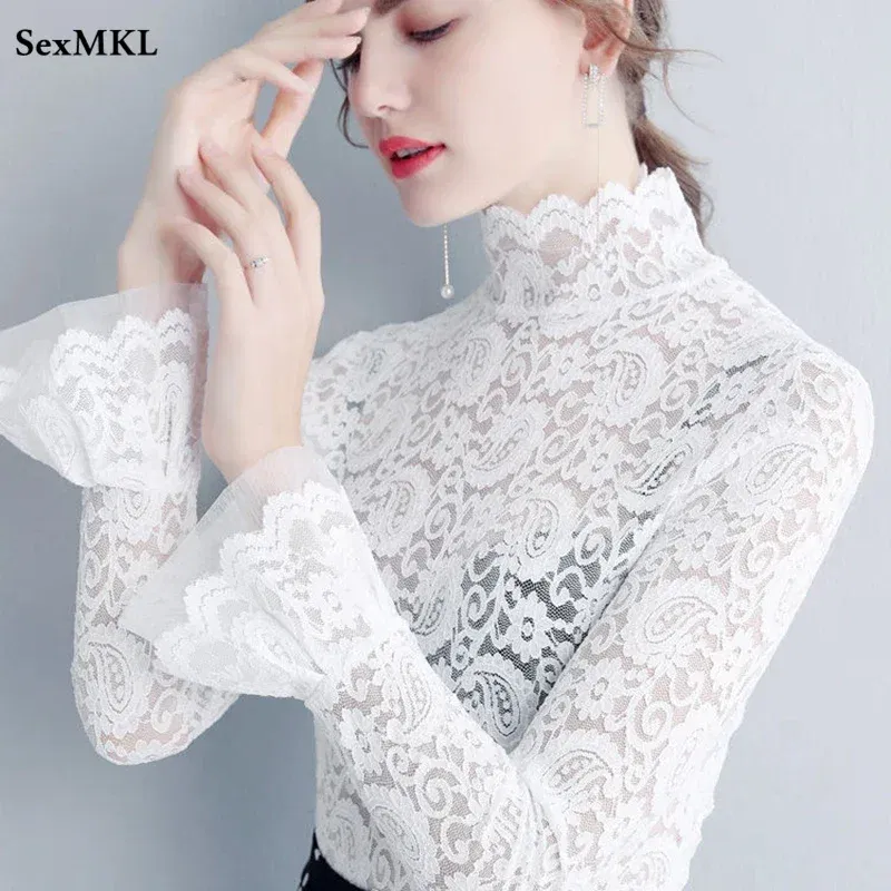 Color: WHITE, Size: M - Sexy Transparent Long Sleeve Top Women 2025 Fashion Autumn Winter Basic Lace Blouses White Black Hollow Blusas Mujer Oversized