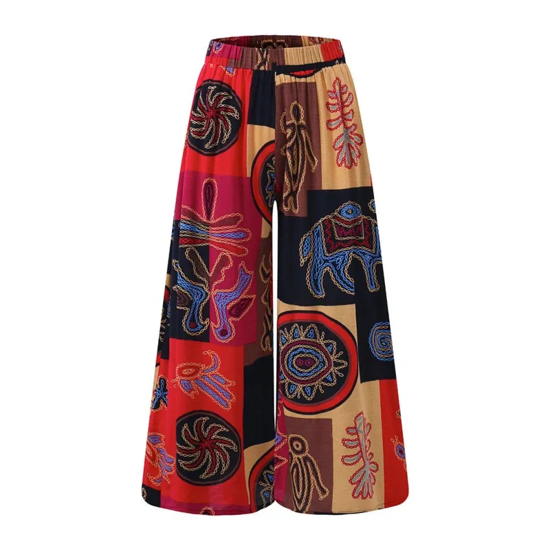 Color: Red, Size: L - Ethnic Style Wide Leg Trousers Women Yoga Harem Pants Gypsy Hippie Thai Boho Court Pants Ruched Waist Aladdin Women's Pants