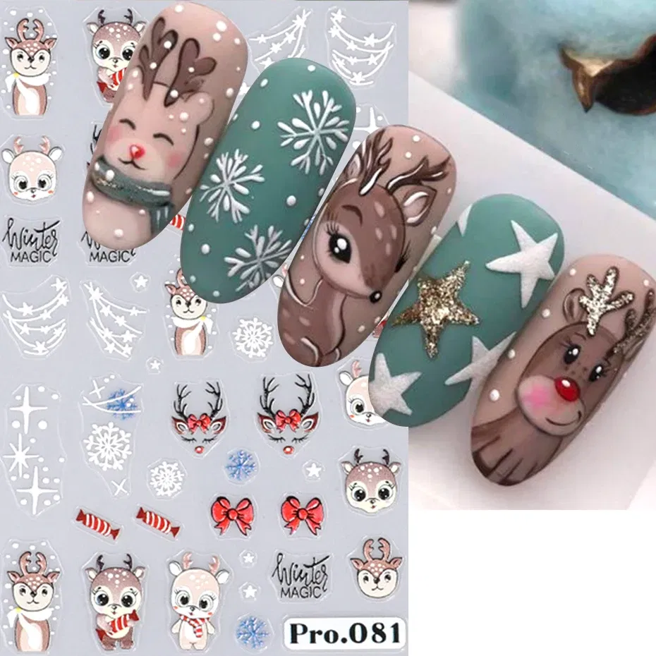 Color: Brown - 5D Embossed Elk Nail Art Sticker Cute Christmas Winter Santa Claus Snowflake Gingerbread Man Engraved Slider Manicure Decoration