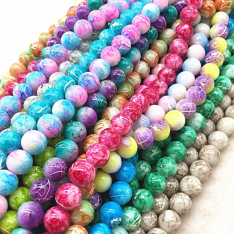Color: Silver, Item Diameter: 5mm - Wholesale 4/6/8/10mm Glass Beads Round Loose Spacer Beads Pattern For Jewelry Making DIY Bracelet Necklace