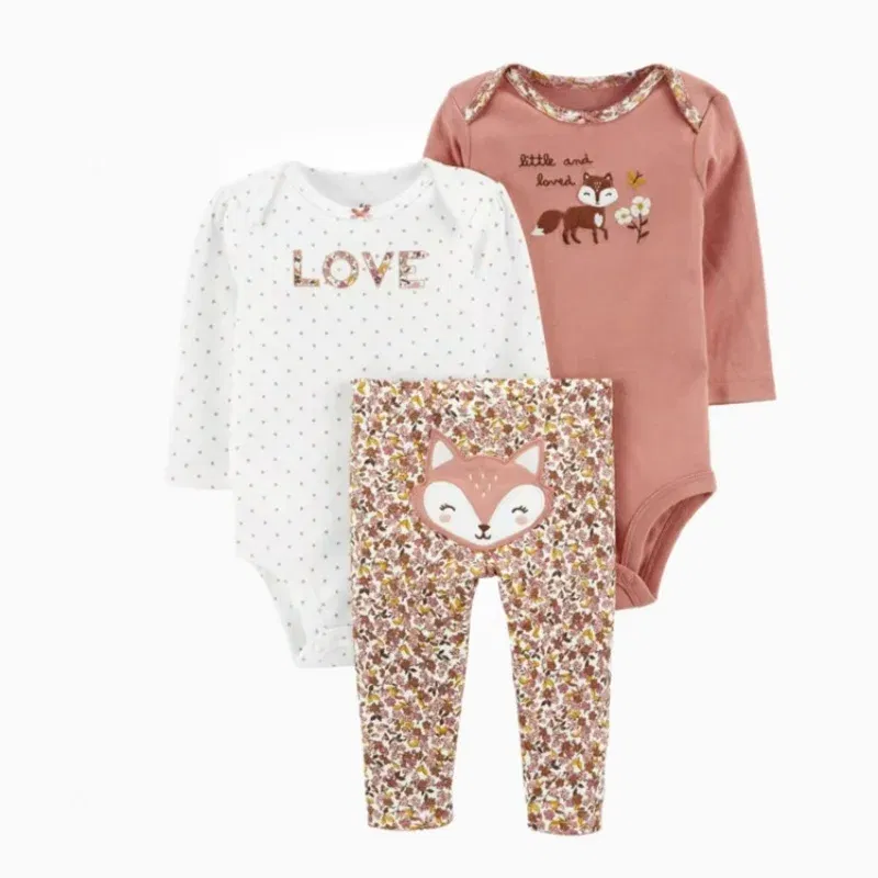 Color: WHITE,  Kid Size: 6M - 3PCS Baby Clothing Set Autumn Newborn Baby Girl Pure Cotton Clothes Set Soft Cute Animal Kids Bodysuits+Pants+Romper Bebe 6-24M