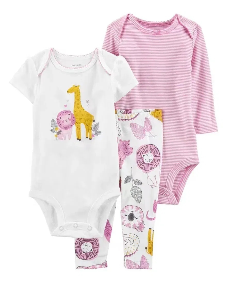 Color: WHITE,  Kid Size: 6M - 3PCS Baby Clothing Set Autumn Newborn Baby Girl Pure Cotton Clothes Set Soft Cute Animal Kids Bodysuits+Pants+Romper Bebe 6-24M