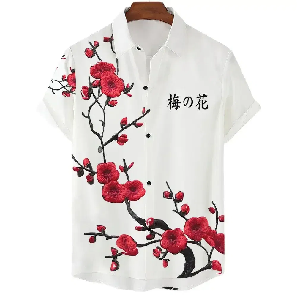 Color: green, Size: M - Fashionable Luxury Social men's Shirt Lapel button-down Shirt Casual Japanese Aesthetic Cherry Blossom Print short-sleeved Tops