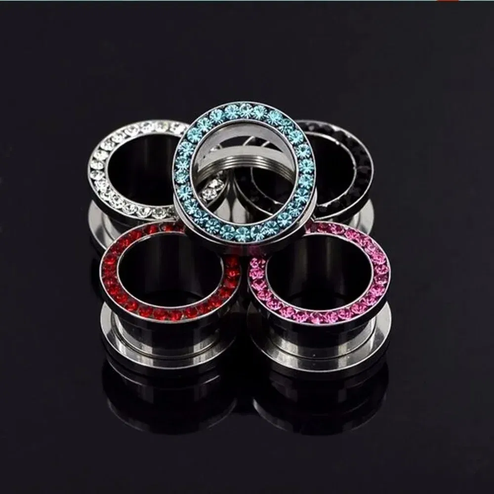 Metal color: SILVER PLATED, Main Stone Color: Pink - 2pc Steel Multicolour Crystal Ear Plug Flesh Tunnel 8g ( 3mm ) - 1" ( 25mm ) Gauge Expander Stretcher Screw Fit