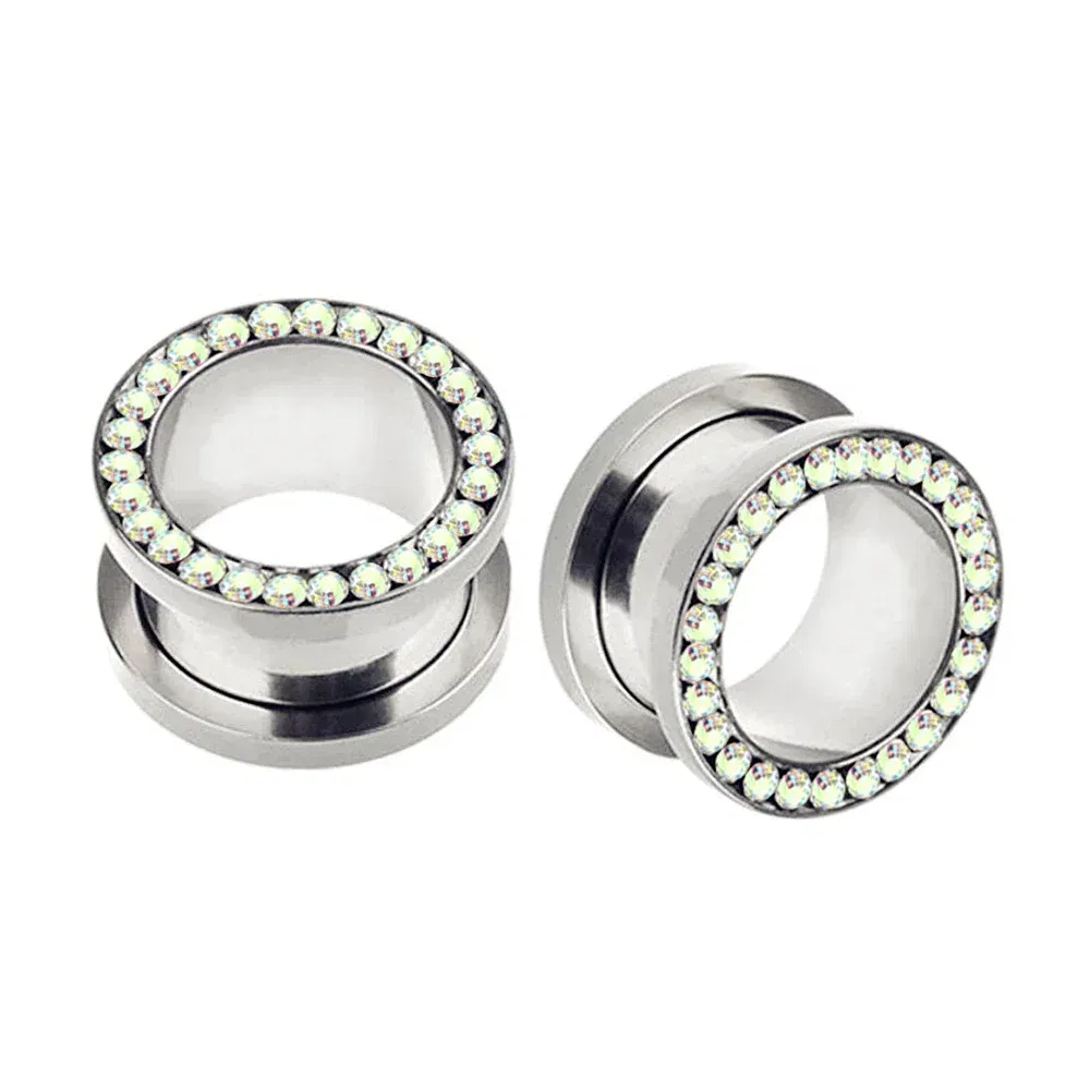 Metal color: SILVER PLATED, Main Stone Color: Pink - 2pc Steel Multicolour Crystal Ear Plug Flesh Tunnel 8g ( 3mm ) - 1" ( 25mm ) Gauge Expander Stretcher Screw Fit