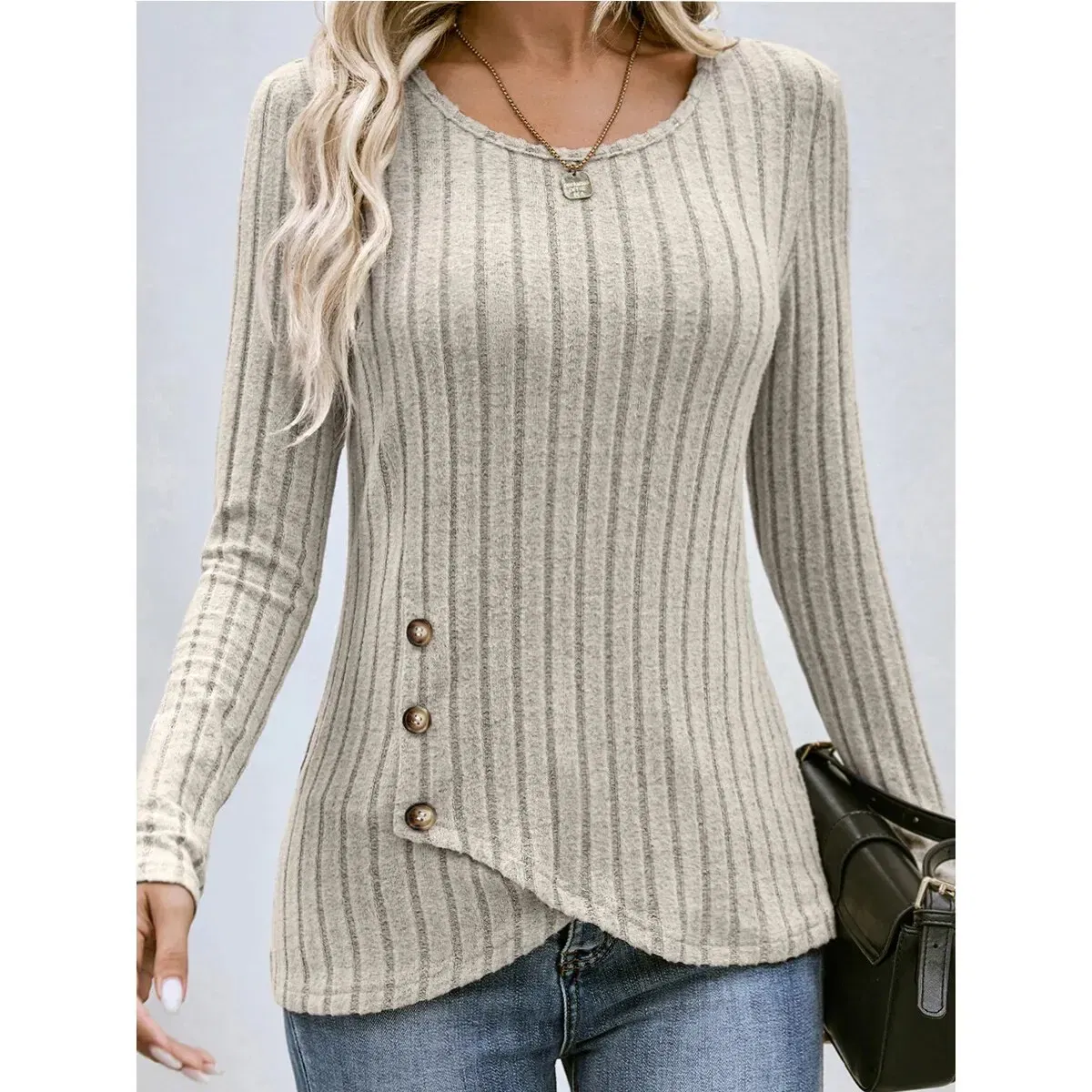 Color: creamy-white, Size: M - Autumn Winter Long-sleeved Round Neck Top Women's Fashion Casual Irregular Solid Color Street Style Buttons Pullover Tshirt New