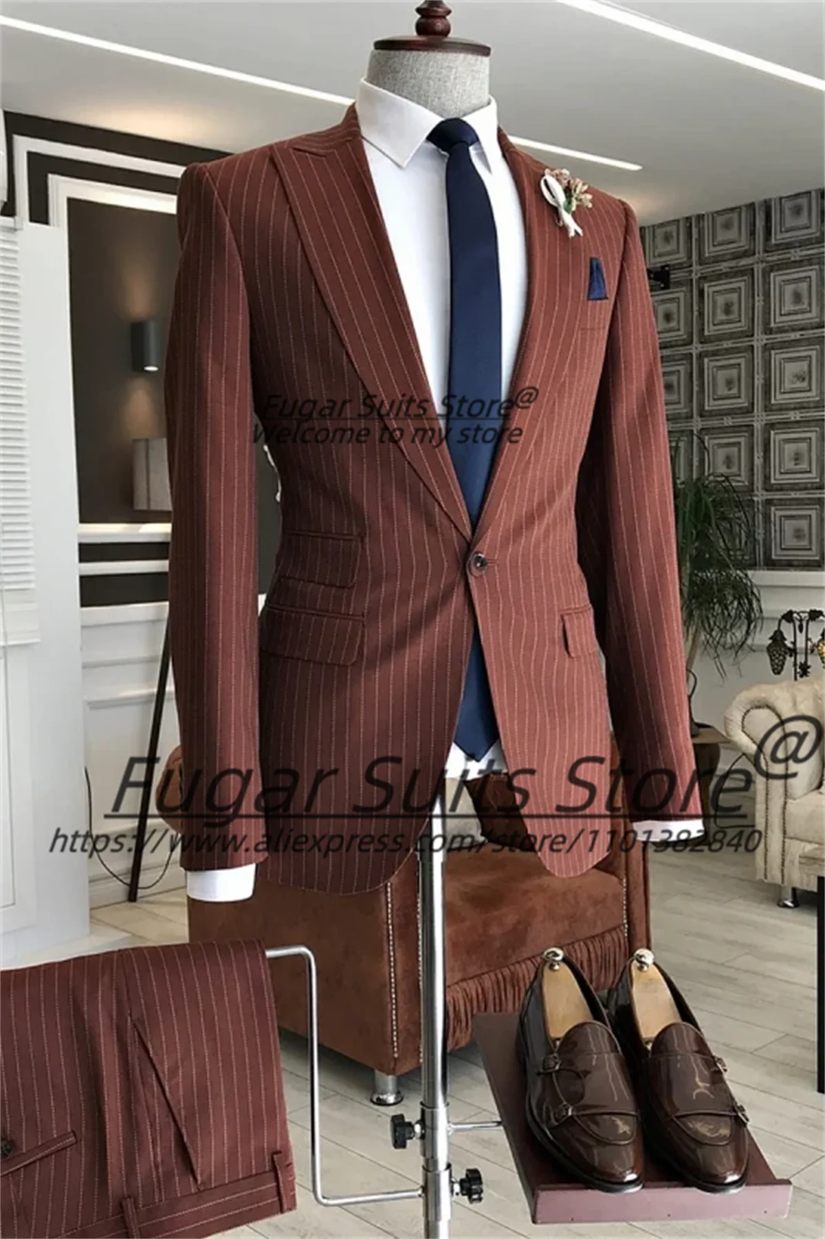 Color: Blue, Size: S - Wine Red Stripe Wedding Suits For Men Slim Fit Peak Lapel Groom Party Tuxedos 2 Pieces Sets Business Male Blazers Costume Homme