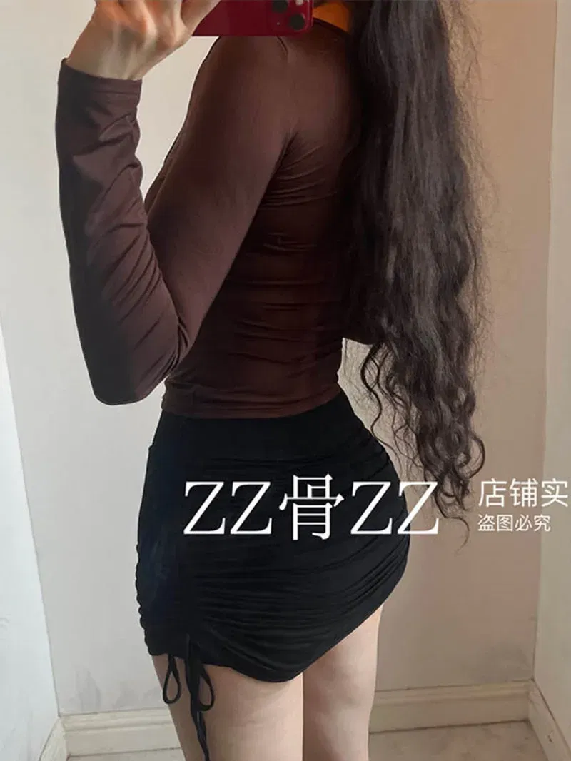 Color: Coffee, Size: M - Autumn New Casual Pure Desire Spicy Girl Sexy Style Basic Style Base Long Sleeved T-shirt Fashion Sexy Sweet Women Tees A8Q2