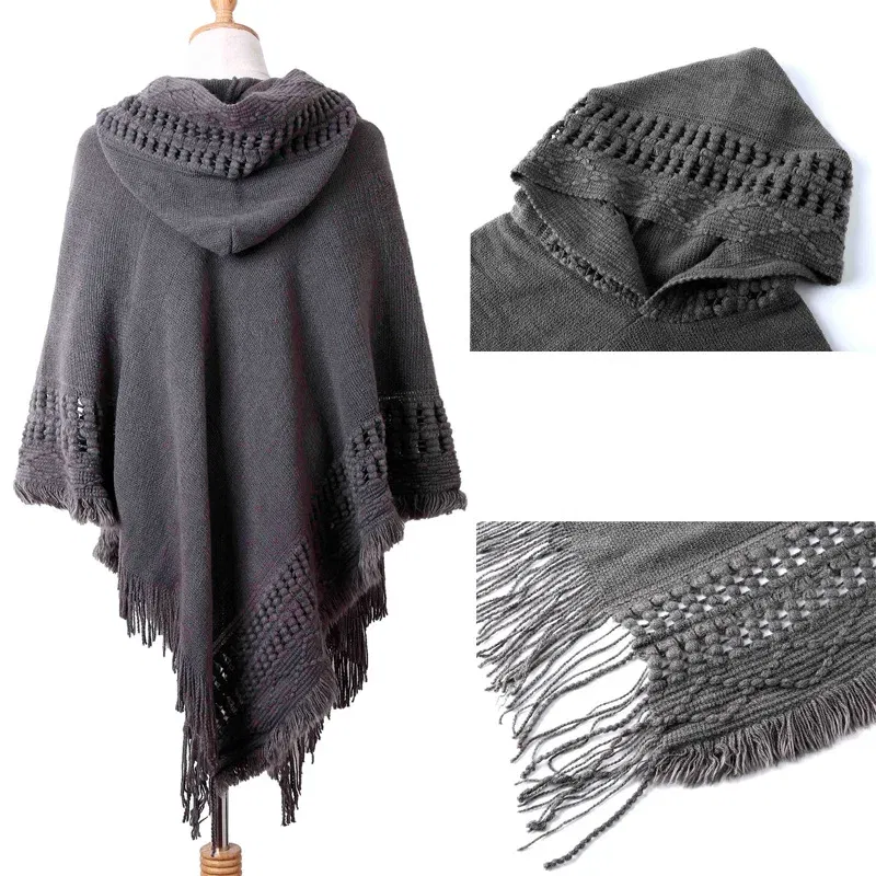Color: Beige, Size: One Size - New Women Ladies Tassel Cape Coat Fringe Poncho Oblique Stripe Coat Bohemian Shawl Scarf