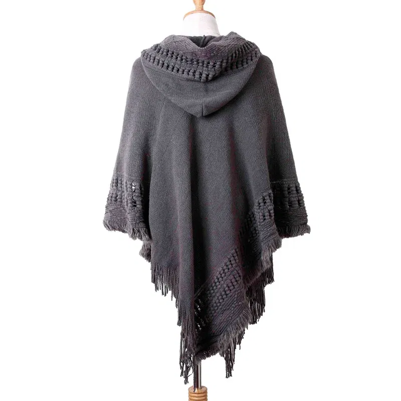 Color: Beige, Size: One Size - New Women Ladies Tassel Cape Coat Fringe Poncho Oblique Stripe Coat Bohemian Shawl Scarf