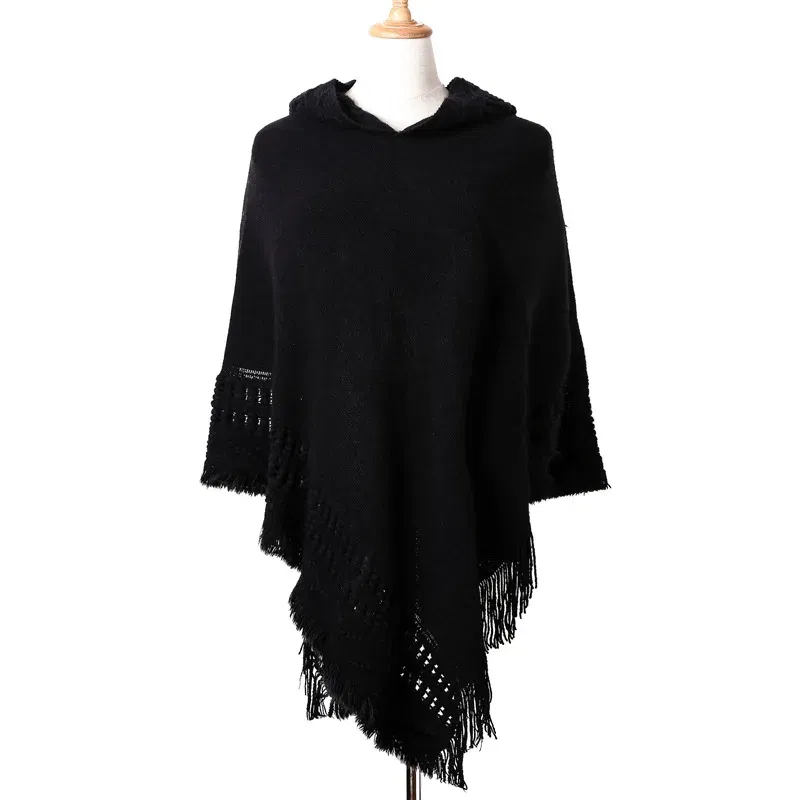 Color: Beige, Size: One Size - New Women Ladies Tassel Cape Coat Fringe Poncho Oblique Stripe Coat Bohemian Shawl Scarf