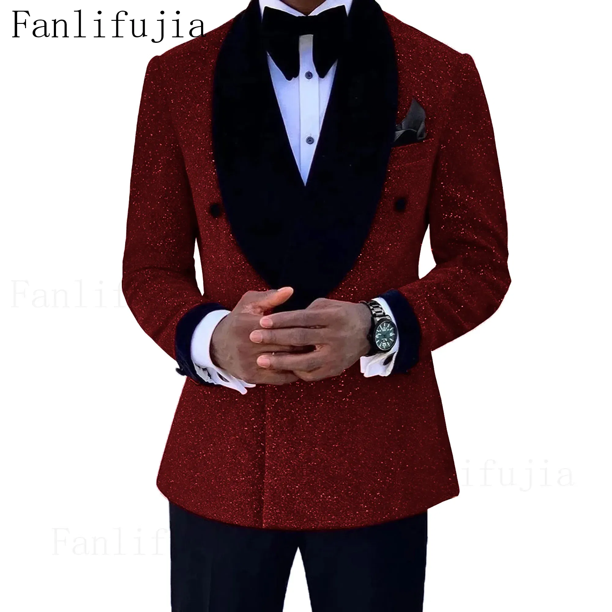Color: Burgundy, Size: XS - Fanlifujia Luxury Red Glitter Suits Men Groom Wedding Tuxedo Double Breasted Blazer Formal Evening Party Prom Dress 2 Pieces Set