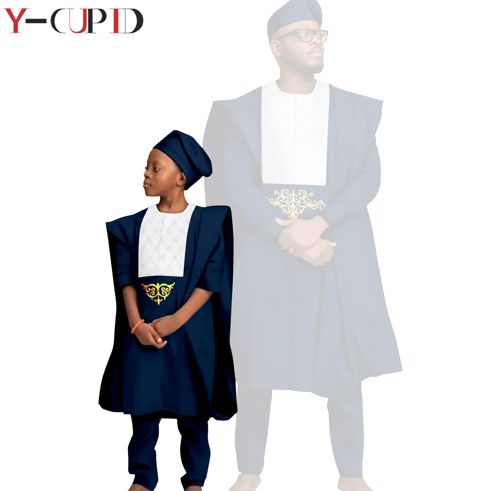 Color: army green, Size: XXL - African Clothes for Men Top Pants Robes Hat Sets Match Kid Boy Sets Dashiki Father and Son Bazin Riche Family Outfits Y20F001