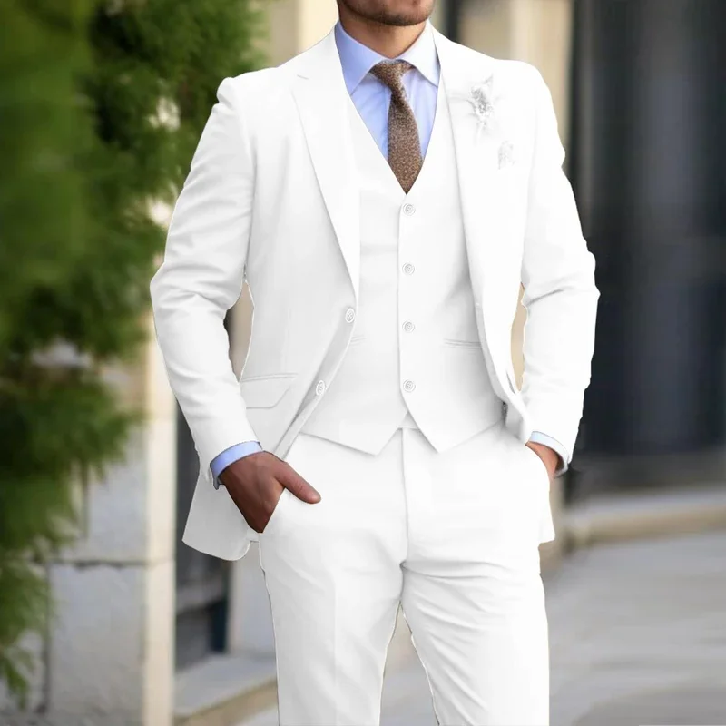 Color: WHITE, Size: L - 3 Pieces Beige Suits for Men Fashion Slim Fit Blazer Vest Pants Set Formal Business Wedding Tuxedos for Men Casual Clothing