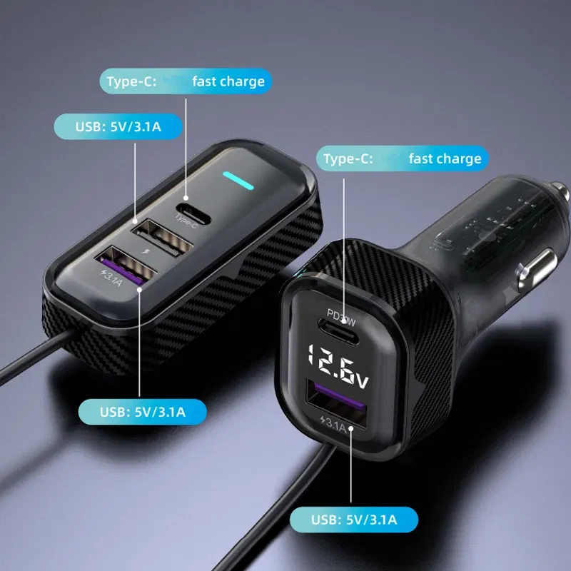 New 5-jack rear car charger PD30W Super Fast charge USB C mobile phone charger 12V/24V auto accessories power port