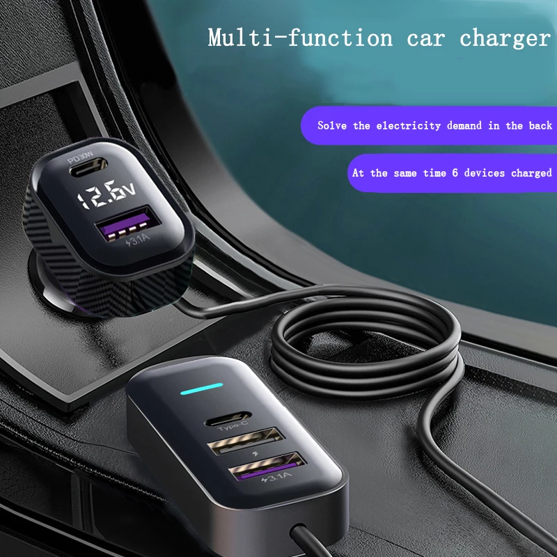 New 5-jack rear car charger PD30W Super Fast charge USB C mobile phone charger 12V/24V auto accessories power port