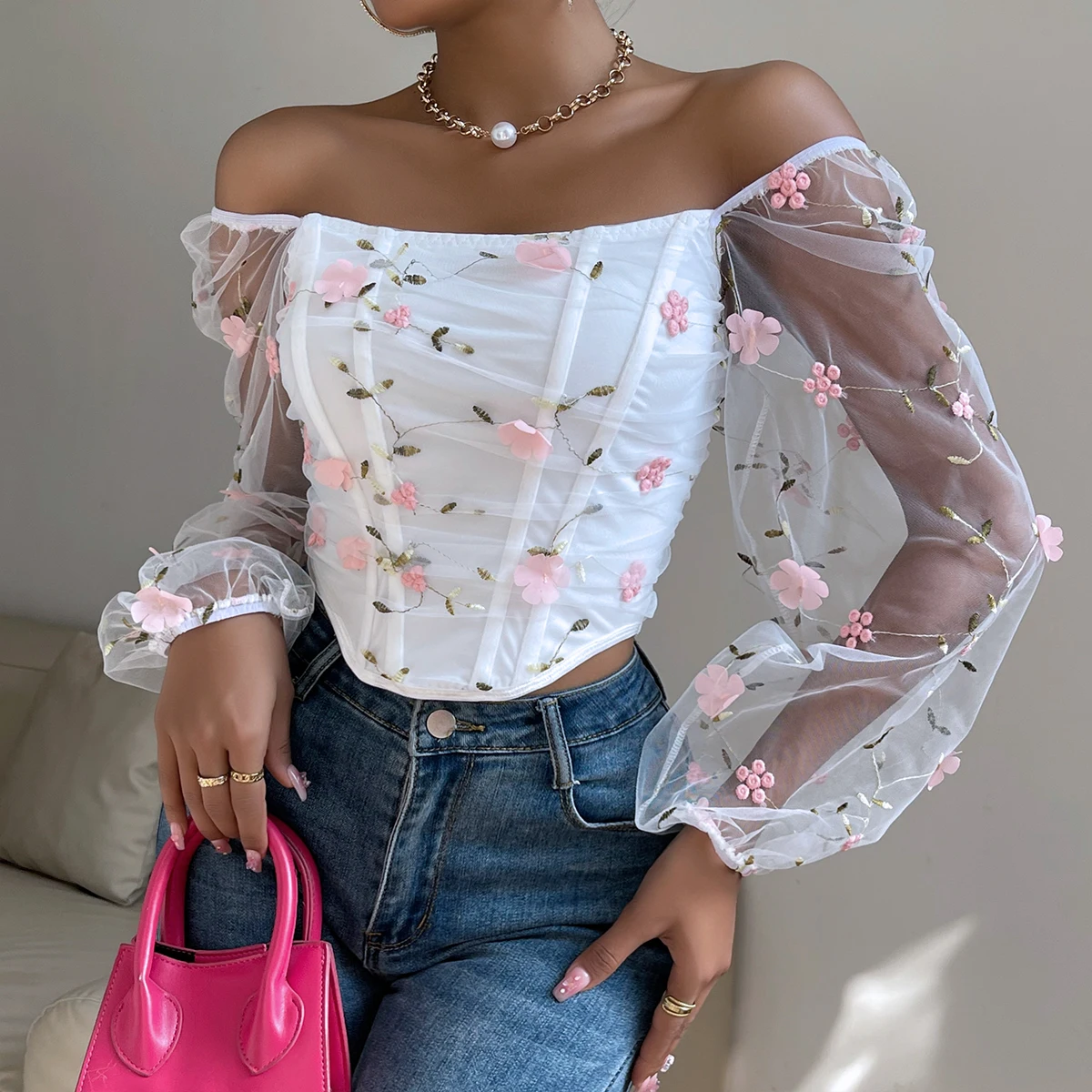 Color: Pink, Size: M - Vemina Sexy?‹ Embroidery Long Sleeve Slim Tops For Women Summer,Hollow Mesh Sheer Backless Puff Sleeve Fishbone Skinny Crop Top