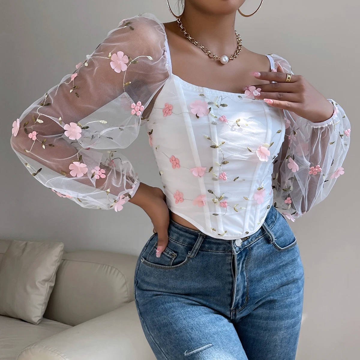 Color: Pink, Size: M - Vemina Sexy?‹ Embroidery Long Sleeve Slim Tops For Women Summer,Hollow Mesh Sheer Backless Puff Sleeve Fishbone Skinny Crop Top